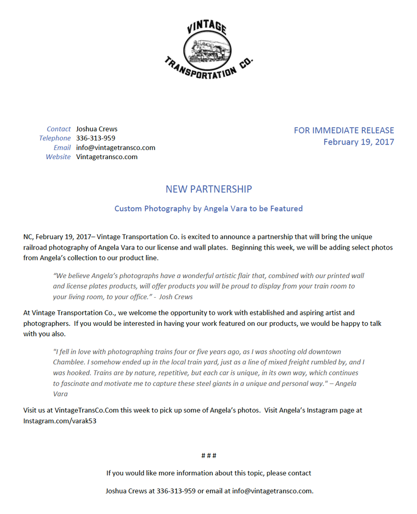 Press Release - New Photographer Partnership